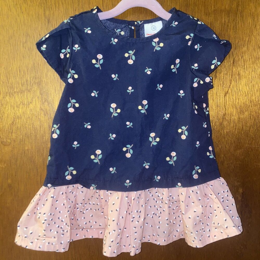 VGUC Hanna Andersson Girl's Flower Print Navy/Pink Short Sleeve Dress Size 6-12m